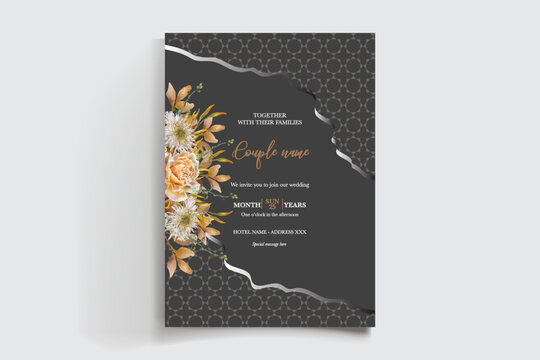 WEDDING INVITATION FRAME WITH FLOWER DECORATIONS AND FRESH LEAVES