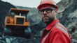 © Adi - male engineer wearing uniform, protective eye glasses and hard hat standing at coal mine heavy equipment