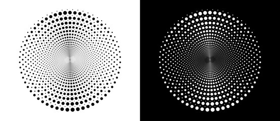 Fototapete - Modern abstract background. Halftone dots in circle form. Round logo. Vector dotted frame. Design element or icon. Black shape on a white background and the same white shape on the black side.