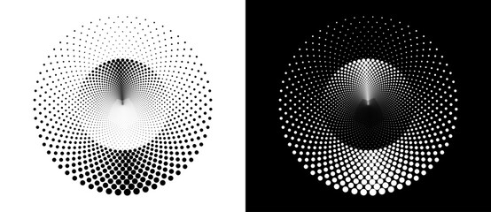 Fototapete - Modern abstract background. Halftone dots in circle form. Round logo. Vector dotted frame. Design element or icon. Black shape on a white background and the same white shape on the black side.
