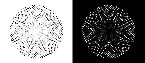 Fototapete - Modern abstract background. Halftone dots in circle form. Round logo. Vector dotted frame. Design element or icon. Black shape on a white background and the same white shape on the black side.
