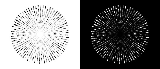 Fototapete - Modern abstract background. Halftone dots in circle form. Round logo. Vector dotted frame. Design element or icon. Black shape on a white background and the same white shape on the black side.