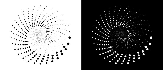 Leinwandbilder - Modern abstract background. Halftone dots in circle form. Spiral logo, icon or design element. Black dots on a white background and white dots on the black side.
