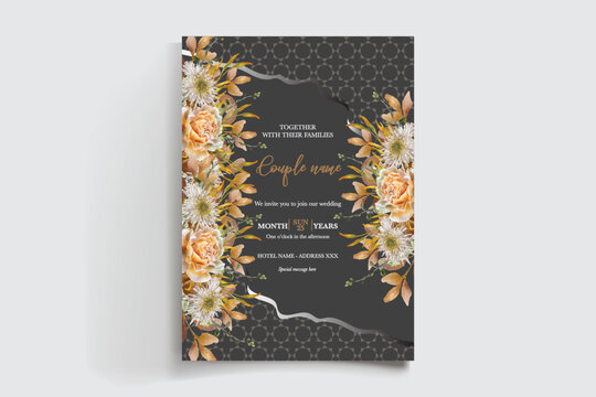 WEDDING INVITATION FRAME WITH FLOWER DECORATIONS AND FRESH LEAVES