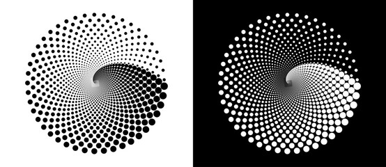 Fototapete - Modern abstract background. Halftone dots in circle form. Spiral logo, icon or design element. Black dots on a white background and white dots on the black side.