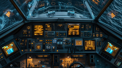 Poster - This Advanced control interface with multiple screens and buttons for maritime and aviation tasks.