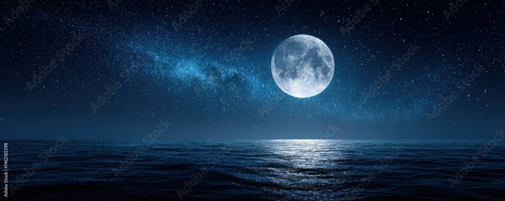 A full moon shines over a calm ocean, with countless stars illuminating ...