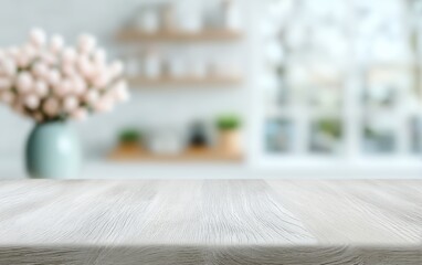 Poster - Light wooden tabletop with blurred vase of flowers and kitchen background, creating a fresh and inviting scene.