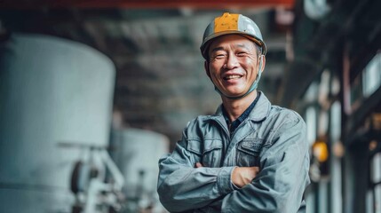 Wall Mural - Portrait of a happy chinese factory worker wearing hard hat and work clothes, with copy space 