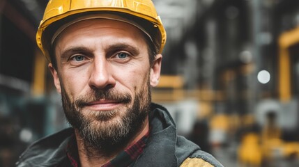 Wall Mural - Portrait of a happy european factory worker wearing hard hat and work clothes, with copy space