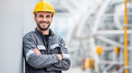 Wall Mural - Portrait of a happy european factory worker wearing hard hat and work clothes, with copy space