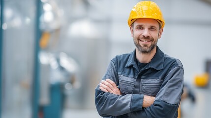 Wall Mural - Portrait of a happy european factory worker wearing hard hat and work clothes, with copy space