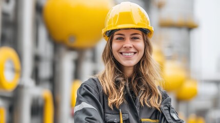 Wall Mural - Portrait of a happy european factory worker wearing hard hat and work clothes, with copy space