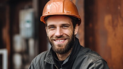 Wall Mural - Portrait of a happy european factory worker wearing hard hat and work clothes, with copy space