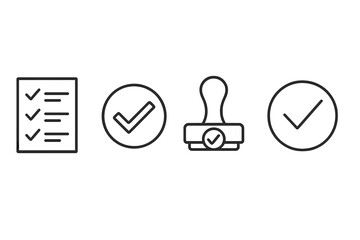 Poster - Checklist, approval stamp, and verification icons representing task completion and confirmation in vector illustration style