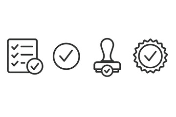 Poster - Vector illustration icons depicting checkmarks, symbols for approval, and verification processes in various forms and styles