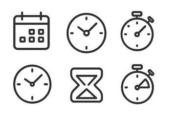 Poster - Collection of vector icons representing various timekeeping tools including calendar, clock, stopwatch, and hourglass