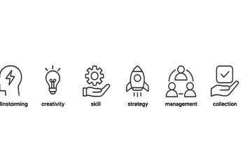 Poster - Vector illustration depicting various concepts related to brainstorming, creativity, skill development, and management in a modern business setting