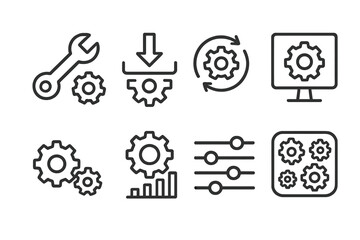 Poster - Technical workshop vector icons illustrating gear tools, settings, and processes for digital and mechanical solutions
