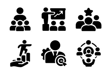 Poster - vector illustration of various icons depicting teamwork, leadership, and business presentations in a