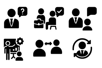 Poster - Vector illustration icons depicting various business communication and consultation activities in a modern workplace setting