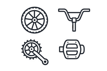 Poster - Bicycle parts vector illustration featuring wheel, handlebars, pedals, and crankset in a simple design