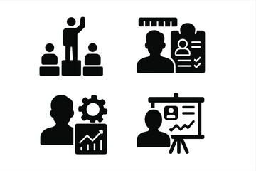 Poster - Vector illustration icon set depicting leadership, evaluation, management, and presentation activities in a corporate environment