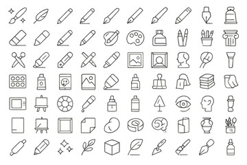 Poster - Collection of vector illustration icons representing artistic tools and creative activities in a minimalistic design