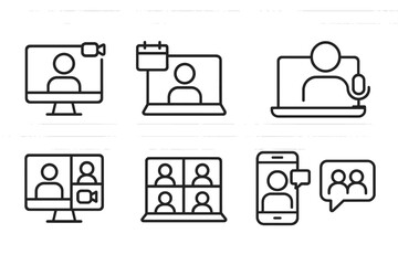 Aufkleber - Line art icons representing digital communication, online meetings, and virtual conference activities