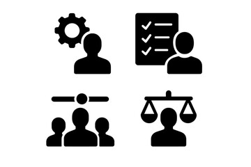 Poster - Vector illustration icons representing management, task completion, group collaboration, and justice themes in a modern design