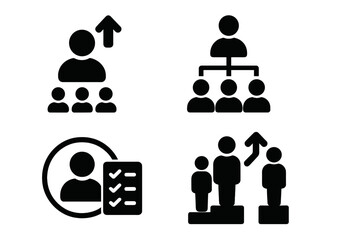 Poster - Vector illustration icons depicting various aspects of leadership, team management, and performance evaluation in professional environments