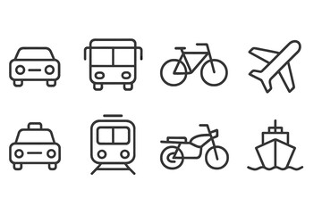 Poster - Transport icons collection featuring various modes of transportation including cars, buses, bicycles, planes, taxis, trains, motorcycles, and ships