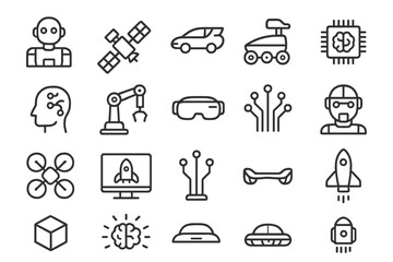 Poster - Vector illustration icons representing various aspects of technology, innovation, and robotics in modern society
