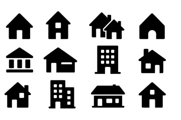 Poster - Vector illustration of various house and building icons in a minimalist style showcasing different architectural designs and structures