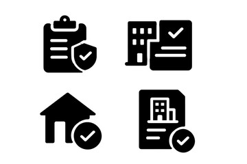 Poster - Vector illustrations of icons representing security checks for documents, buildings, and homes in a simple design