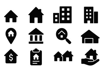 Poster - Collection of vector icons representing various types of buildings and housing concepts commonly used in real estate and property management
