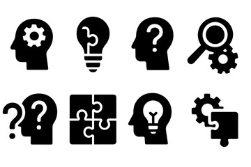 Poster - Vector illustration of creative thinking icons depicting problem solving and ideas in black and white design