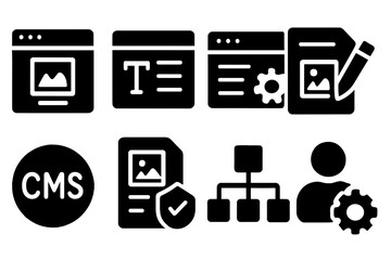 Aufkleber - Vector illustration icon set for content management system features including image uploads, text editing, and user management