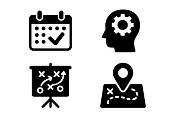 Poster - Vector illustration of planning concepts featuring calendar, mind, strategy chart, and location marker in a cohesive design