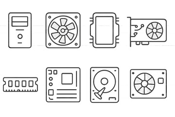 Poster - Vector illustration of computer hardware components including CPU, GPU, fan, RAM, and storage device in flat design style