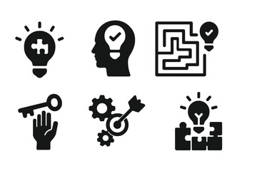Poster - Creative icons representing problem solving with light bulbs, gears, and a maze