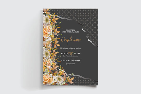 WEDDING INVITATION FRAME WITH FLOWER DECORATIONS AND FRESH LEAVES