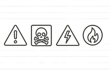 Poster - Warning icons representing caution, toxicity, electrical hazards, and fire dangers in vector illustration style