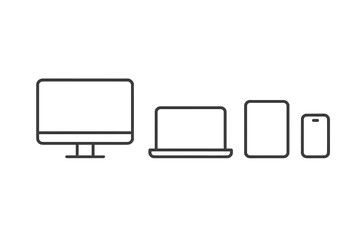 Poster - A vector illustration features various electronic devices lined up, showcasing a desktop computer, laptop, tablet, and smartphone