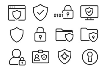 Poster - Vector illustration icons representing cybersecurity elements, including shields, locks, and digital devices with secure data symbols