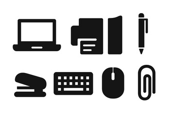 Poster - Vector illustration of essential office equipment including laptop, documents, and stationery in black silhouette style
