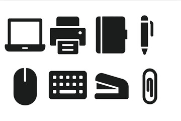 Poster - Vector illustration of office supplies including laptop, printer, notebook, pen, mouse, keyboard, stapler, and paper clip