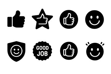 Poster - Vector illustration icon set featuring positive feedback symbols such as thumbs up, smiley faces, and achievement badges