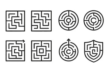 Poster - Vector illustration set of various maze designs for puzzles and games in black outline style featuring different shapes and patterns