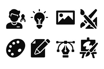Poster - Creative design elements including an artist, light bulb, and tools for illustration in vector style